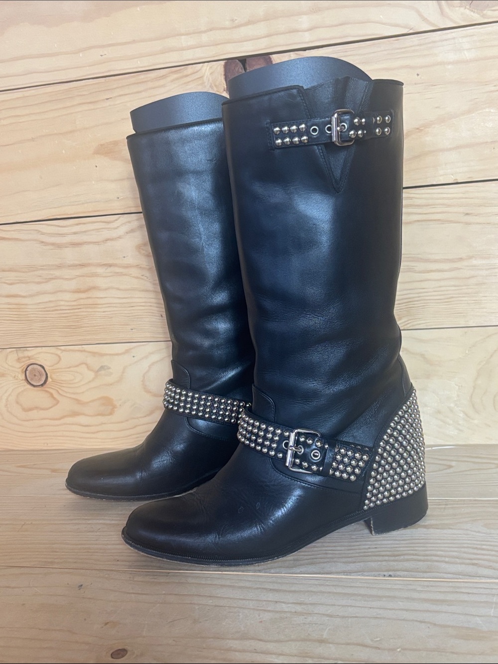 Christian Louboutin black leather studded moto boots 37 1/2